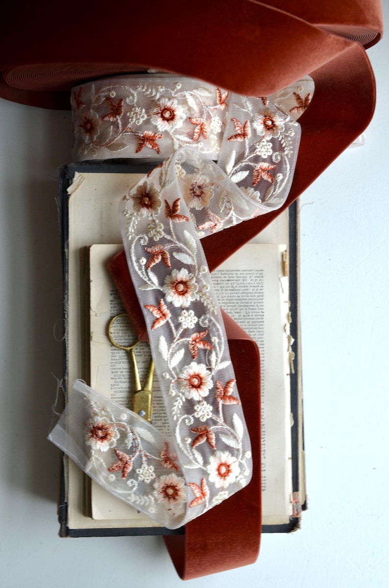 embroidered creme, peach and burnt ruby floral on faded blush sheer ribbon image 4