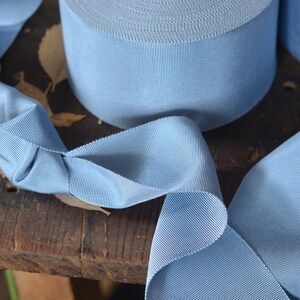 May include: A roll of light blue grosgrain ribbon with a ribbed texture. The ribbon is lying on a wooden surface.
