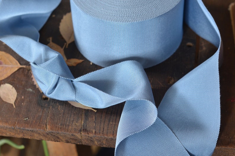May include: A roll of light blue grosgrain ribbon with a ribbed texture. The ribbon is lying on a wooden surface.