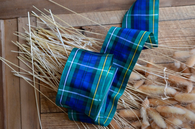 May include: A blue, green, white, and yellow plaid ribbon with a satin finish. The ribbon is lying on a wooden surface with dried grass.