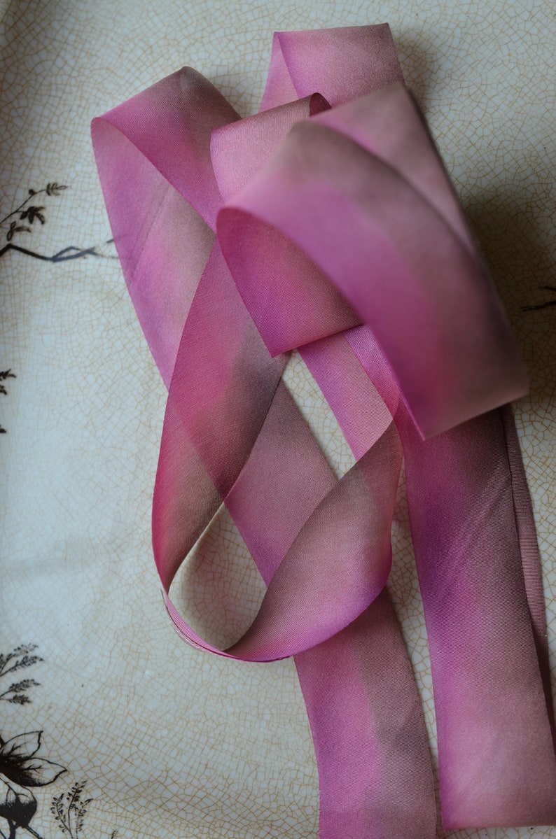 rosy rhubarb pink hand dyed silk ribbon 1 Inches