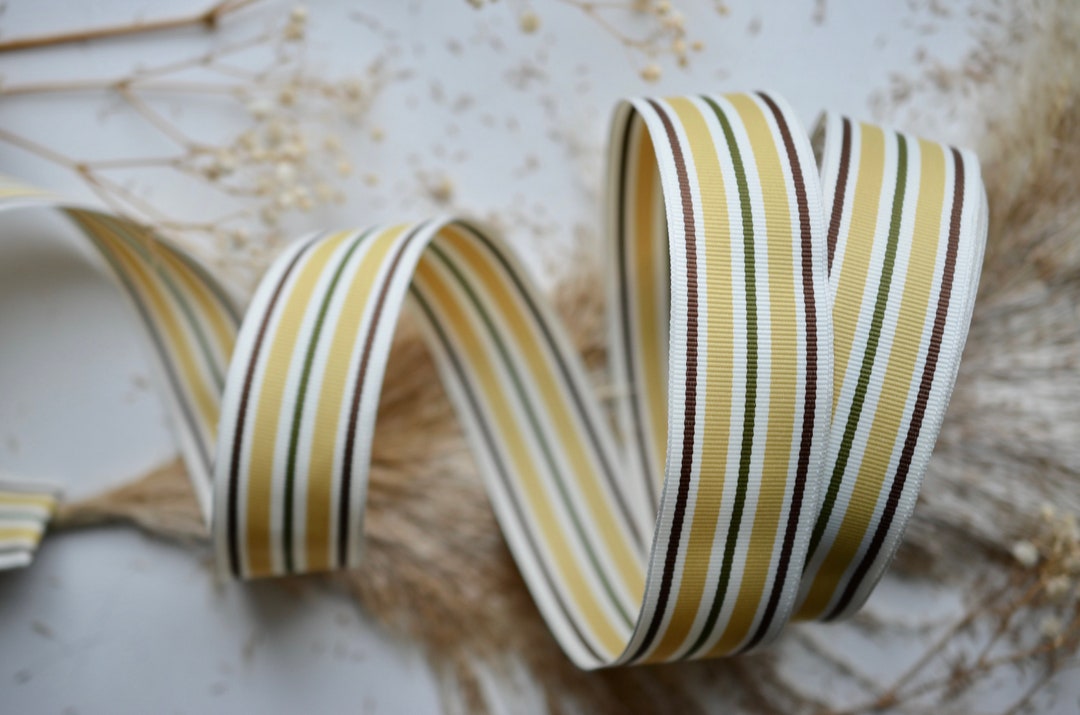 Creme, Mustard Yellow and Chocolate Striped Wired Grosgrain Ribbon Etsy