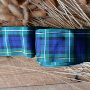 May include: Green, blue, and yellow plaid ribbon with a white stripe. The ribbon is folded and tied in a knot.