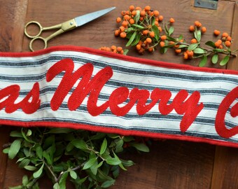 embroidered red on cotton ticking 4" wired ribbon 5 yard roll