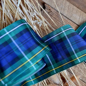 May include: A green, blue, and yellow plaid ribbon with a satin finish. The ribbon is folded in half and has a slight sheen.