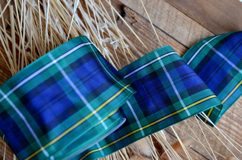 May include: A green, blue, and yellow plaid ribbon with a satin finish. The ribbon is folded in half and has a slight sheen.