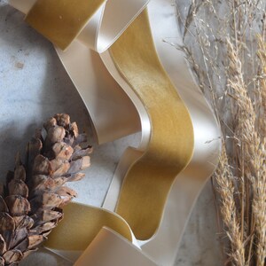 May include: A close-up of a gold velvet ribbon with a cream satin backing. The ribbon is folded and arranged on a light gray surface. A dried flower stalk and a pine cone are also visible in the image.