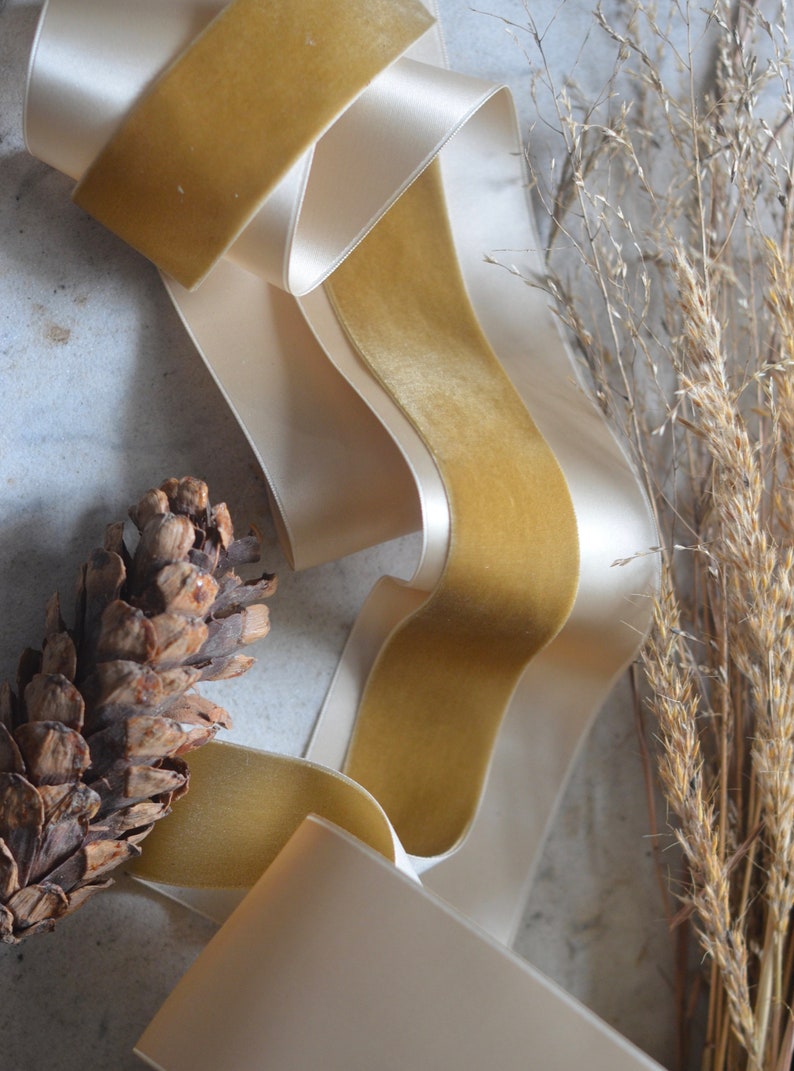 May include: A close-up of a gold velvet ribbon with a cream satin backing. The ribbon is folded and arranged on a light gray surface. A dried flower stalk and a pine cone are also visible in the image.