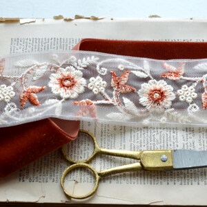 embroidered creme, peach and burnt ruby floral on faded blush sheer ribbon image 9