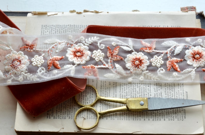 embroidered creme, peach and burnt ruby floral on faded blush sheer ribbon image 9