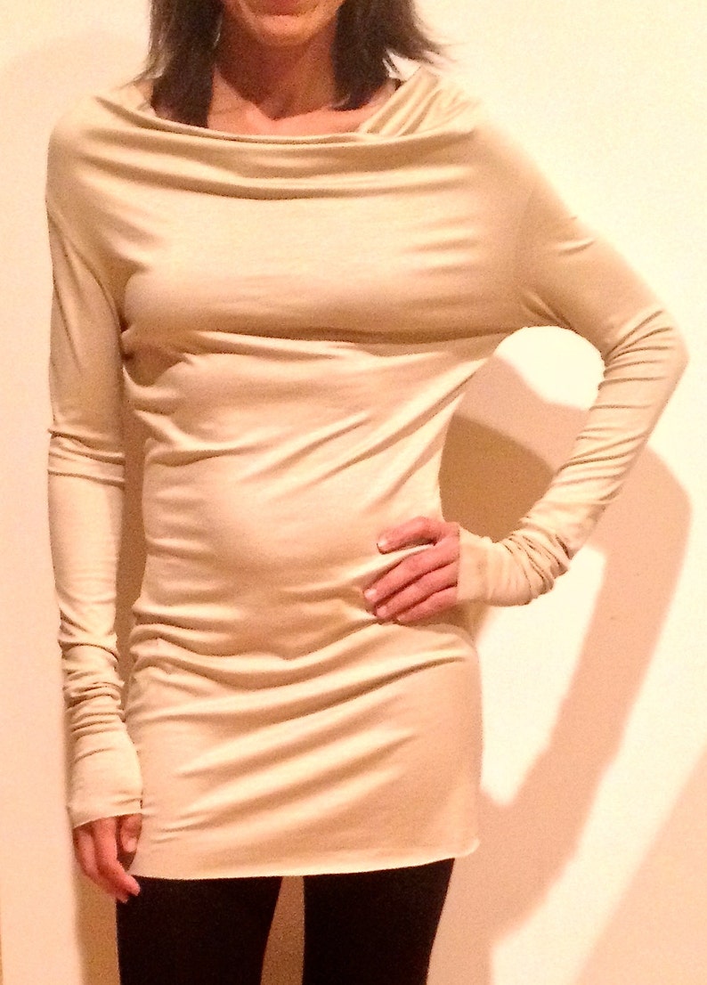 Cowl neck top CA 2 /long sleeve / sustainable knit jersey modal / camel / yoga clothes / casual / work / lounge / Made in USA image 2