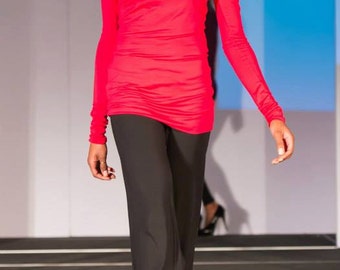 Cowl neck top CA -2 /long sleeve / sustainable knit jersey modal / poppy red / yoga clothes / casual / work / lounge /  Made in USA