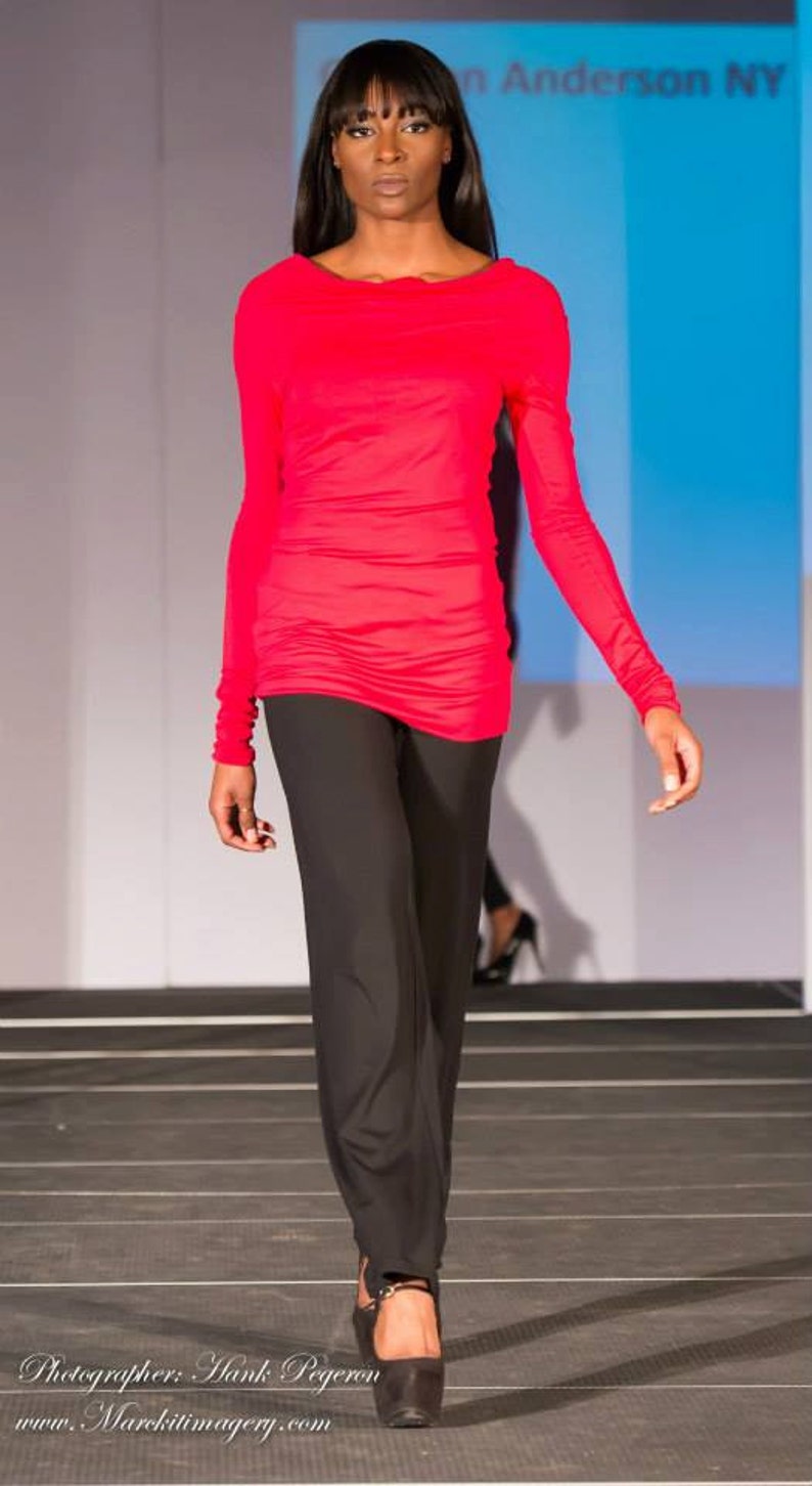 Cowl neck top CA 2 /long sleeve / sustainable knit jersey modal / poppy red / yoga clothes / casual / work / lounge / Made in USA image 1