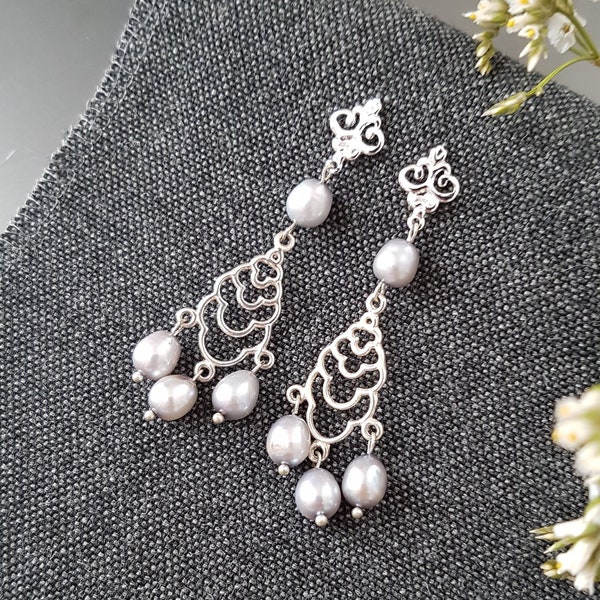 Grey Pearls and Sterling silver earrings, Bridal pearl earrings, Long dangle and drop earrings, Gift for her, Stud Bohemian earrings