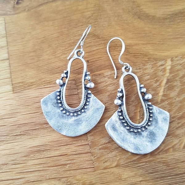 Antique silver earrings, Bohemian earrings Silver dangle earrings, hammered earrings