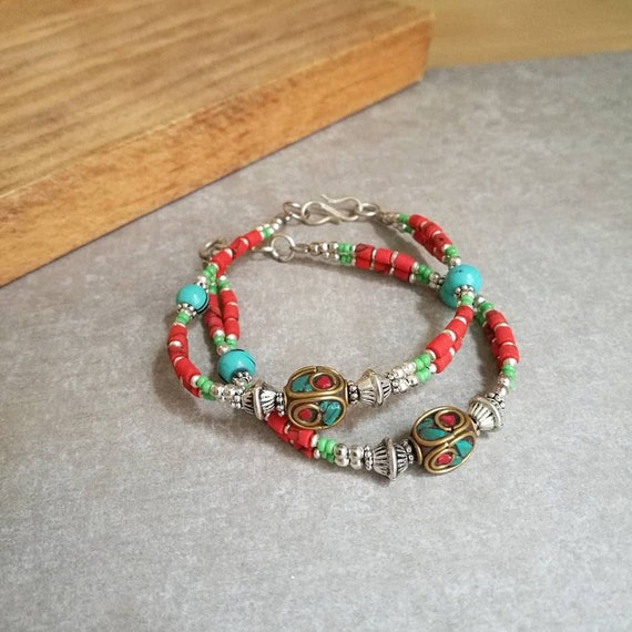 ON SALE Turquoise and Nepalese beads bracelet Handmade | Etsy