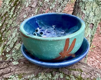 Berry bowl  / pasta strainer with four dragonflies representing strength , courage, happiness and transformation.
