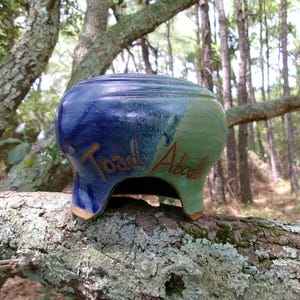 May include: A rounded ceramic toad house with a glossy finish, featuring a blue and green gradient glaze. The words Toad Abode are inscribed in brown lettering on the front. The structure has a wide arched opening at the base for entry.