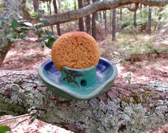 Kitchen sponge holder with attached drainage plate and a peace turtle