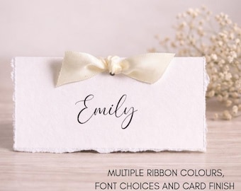 Wedding Place Cards – Tent Fold Calligraphy Name Cards with Ribbon & Deckled Edges, Personalised
