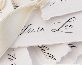 Wedding Place Cards With Ribbon Ties, Deckled Edge, Personalised Calligraphy Name Cards