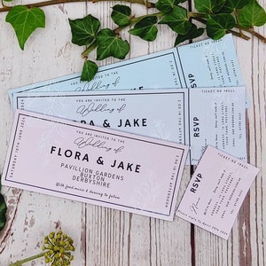 Pretty pastel ticket style wedding invitations with perforated tear off Rsvp, fun, festival, outdoor wedding, chic image 1