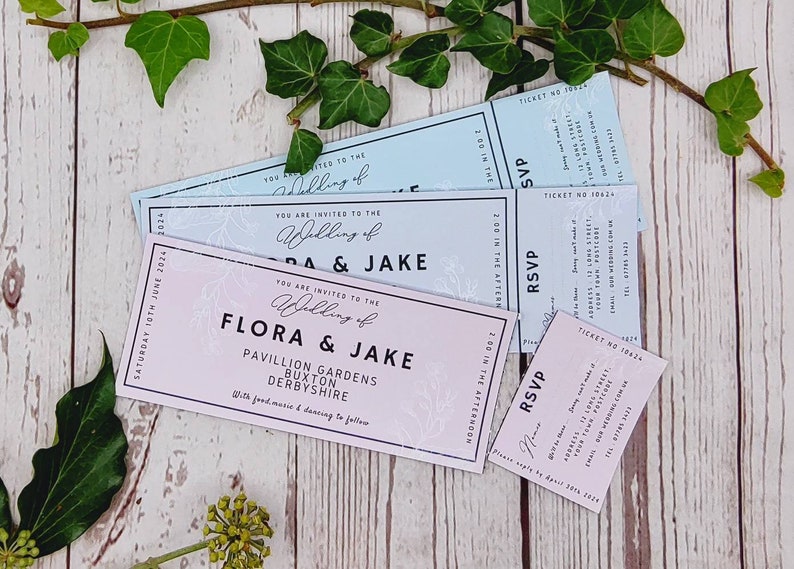 Pretty pastel ticket style wedding invitations with perforated tear off Rsvp, fun, festival, outdoor wedding, chic image 1