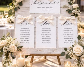 Personalised Wedding Table Plan Cards with Ribbon Bows, Individual Seating Chart Cards, Calligraphy Fonts