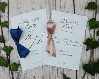 Calligraphy Save the Dates with ribbon and soft torn edges, envelope liners, choice of card and ribbon colour