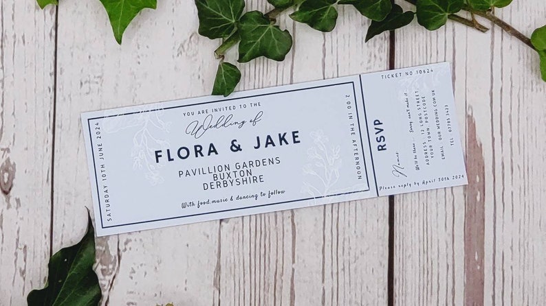 Pretty pastel ticket style wedding invitations with perforated tear off Rsvp, fun, festival, outdoor wedding, chic image 6