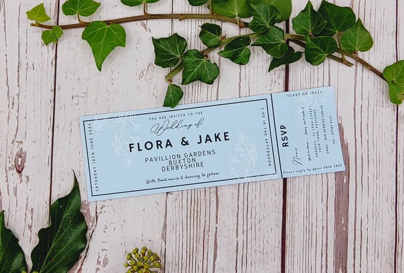 Pretty pastel ticket style wedding invitations with perforated tear off Rsvp, fun, festival, outdoor wedding, chic image 4