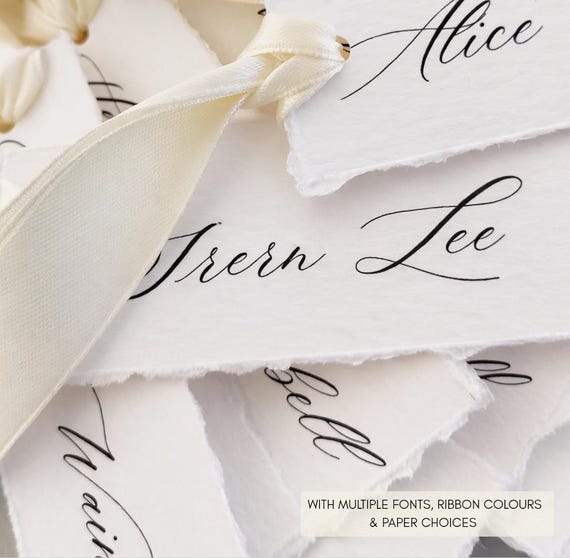 Wedding Place Cards With Ribbon Ties, Deckled Edge, Personalised Calligraphy Name Cards