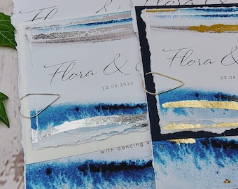 Watercolor Seascape Wedding Invitation: Gold/Silver Leaf, Hand-Torn Edges