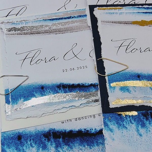 Watercolour seascape beach wedding invitation suite with hand applied gold or silver leaf, hand torn edges, metallic twine ties or clips