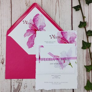 Tropical Hibiscus wedding invitations with rounded corners or Deckled edges, ribbon or clips, customisable, destination wedding image 4