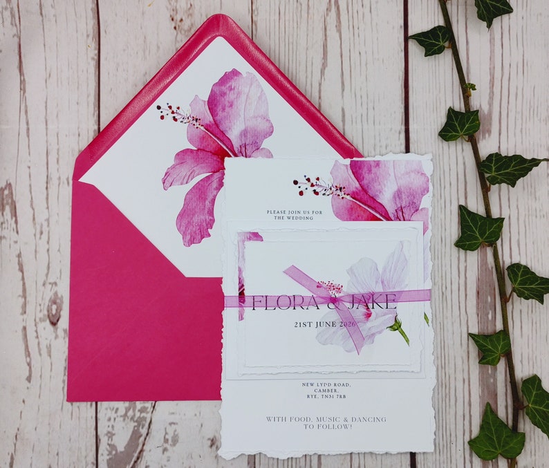 Tropical Hibiscus wedding invitations with rounded corners or Deckled edges, ribbon or clips, customisable, destination wedding image 4