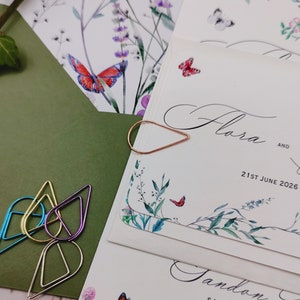 Watercolour wildflower wedding suite with ribbon, bees & butterflies ,floral, nature, garden wedding, greenery invite, luxury card
