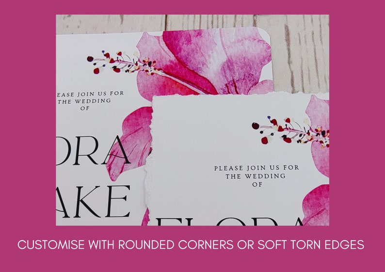 Tropical Hibiscus wedding invitations with rounded corners or Deckled edges, ribbon or clips, customisable, destination wedding image 7