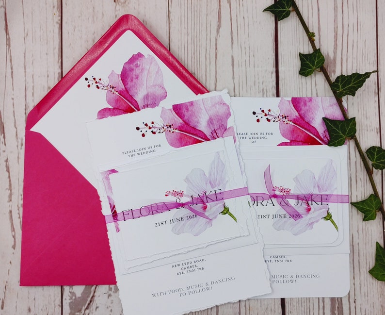 Tropical Hibiscus wedding invitations with rounded corners or Deckled edges, ribbon or clips, customisable, destination wedding image 9