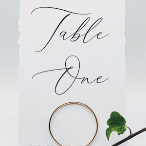 Op de afbeelding: Een witte kaart met de woorden "Table One" in elegant zwart schrift. Een gouden ring houdt de kaart vast, met groene bladeren en een tak op de voorgrond. De kaart heeft een getextureerde, gescheurde rand.