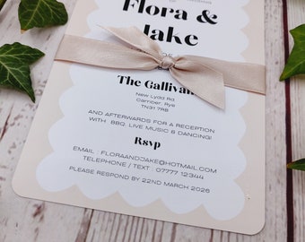 Scallop wedding invitations with ribbon, optional timeline card, invite & rsvp in one, dusky pink, taupe, textured card