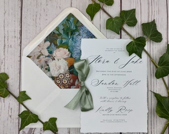 Calligraphy wedding invitations with ribbon and soft hand torn edges, cotton rag or smooth matte card, envelope liners, one page invite