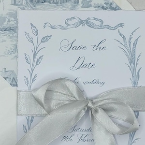 bordure vintage Save the Dates avec ruban et bords déchirés doux, doublures d'enveloppe, floral, bridgerton, Jane Austen