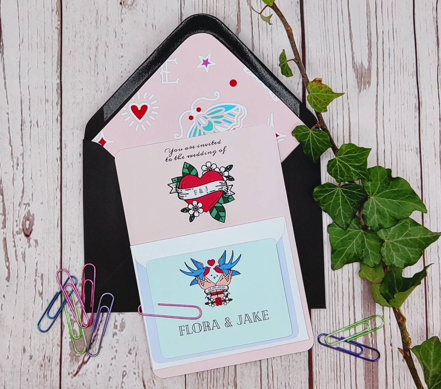 Pastel Tattoo Wedding Invitation Suite: Rockabilly Swallows & Hearts