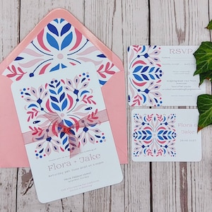 Mediterranean wedding invitation with ribbon tie, colourful, bold, zellij, destination wedding, pink, envelope liners
