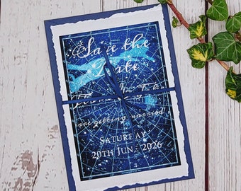 Celestial vintage starchart Save the Dates with hand torn edges and silk satin ribbon