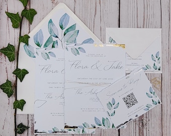 Leafy watercolour wedding invitations with silver or gold leaf, soft hand torn edges, watercolour greenery, metallic twine, rsvp choice