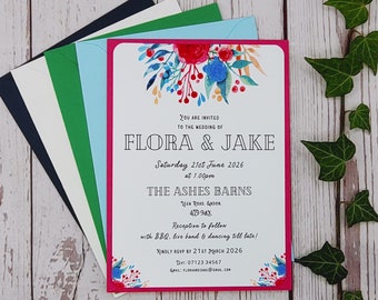 Colourful floral wedding invitations with QR code & ribbon ties, watercolour flowers, rounded corners or soft torn edges, bright