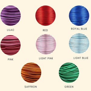 Op de afbeelding: Acht cirkelvormige displays van gekleurde draad, elk in een andere tint. Kleuren zijn onder meer lila, rood, koningsblauw, roze, lichtroze, lichtblauw, saffraan en groen. Onder elke cirkel staat de naam van de kleur.
