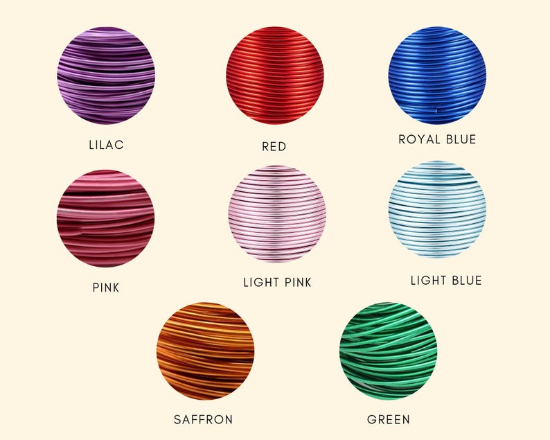 Op de afbeelding: Acht cirkelvormige displays van gekleurde draad, elk in een andere tint. Kleuren zijn onder meer lila, rood, koningsblauw, roze, lichtroze, lichtblauw, saffraan en groen. Onder elke cirkel staat de naam van de kleur.